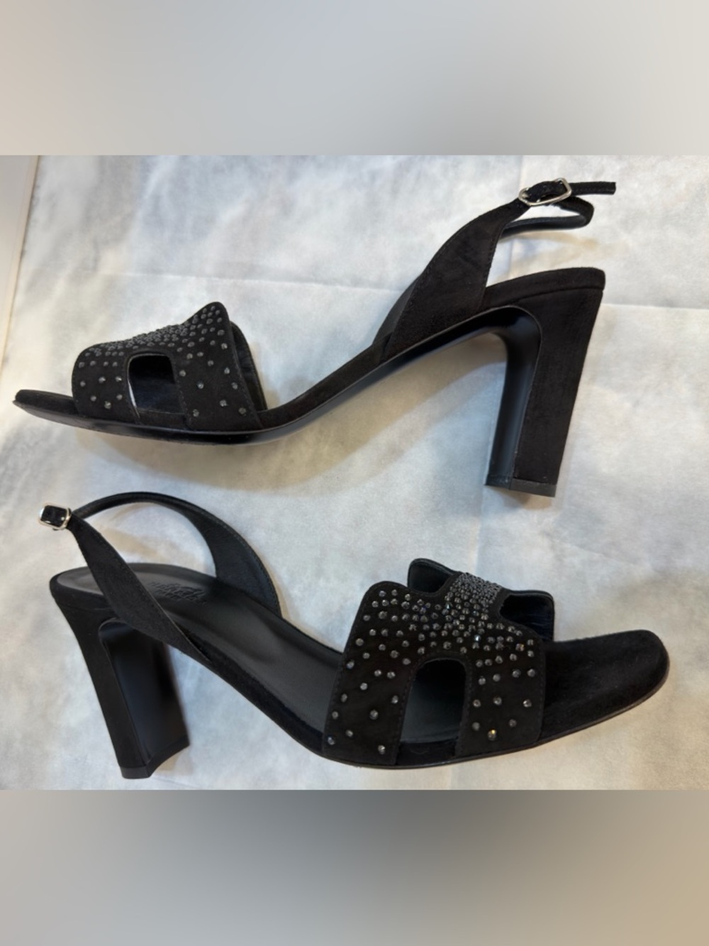 Hermes Black Suede Crystal Embellished Slingback H Sandals Size 39,9 (US 9,5) - Picture 15 of 17